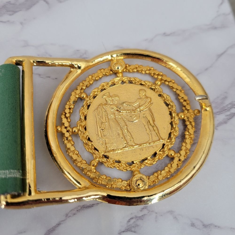 Vintage Green Leather Statement Belt with Gold Napoleon Coin Medallion - Picture 5 of 16